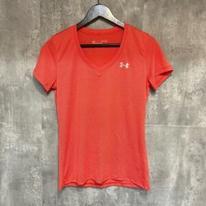 Under Armour Womens HeatGear V-Neck Short Sleeve Training Shirt Orange Red Small
